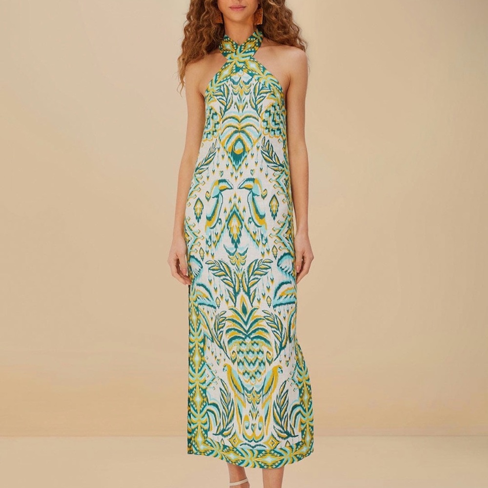 Farm Rio Off-White Tropical Tapestry Euroflax™ Premium Linen Maxi Dress size S